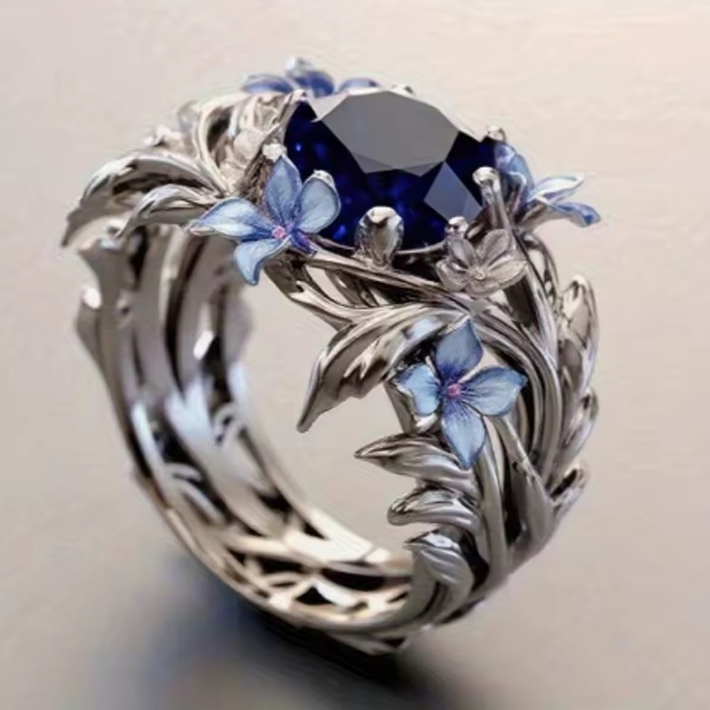 Princess Vintage Silver Floral Ring with Blue Crystal Stone – Romantic Fairycore